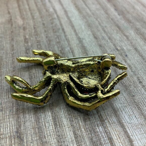 Spider Insect Black Red Rhinestone Gold Tone Brooch Pendant - Picture 5 of 8